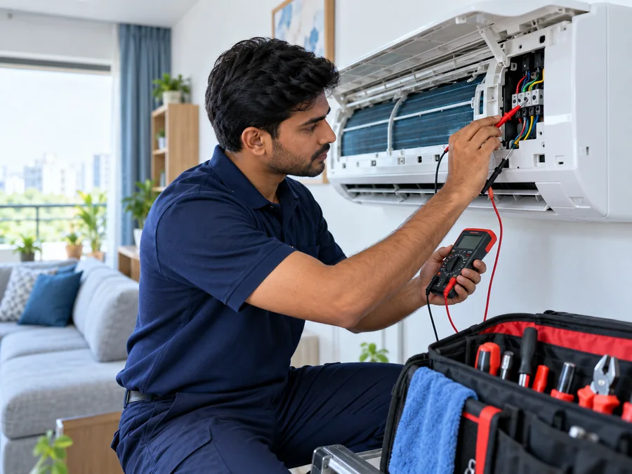 Technician checking an AC with repair tools