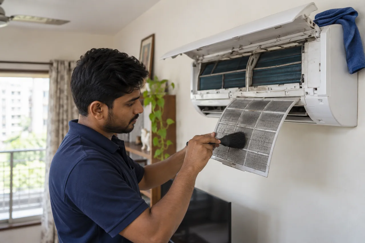 Technician brushing dust from a removable AC filter