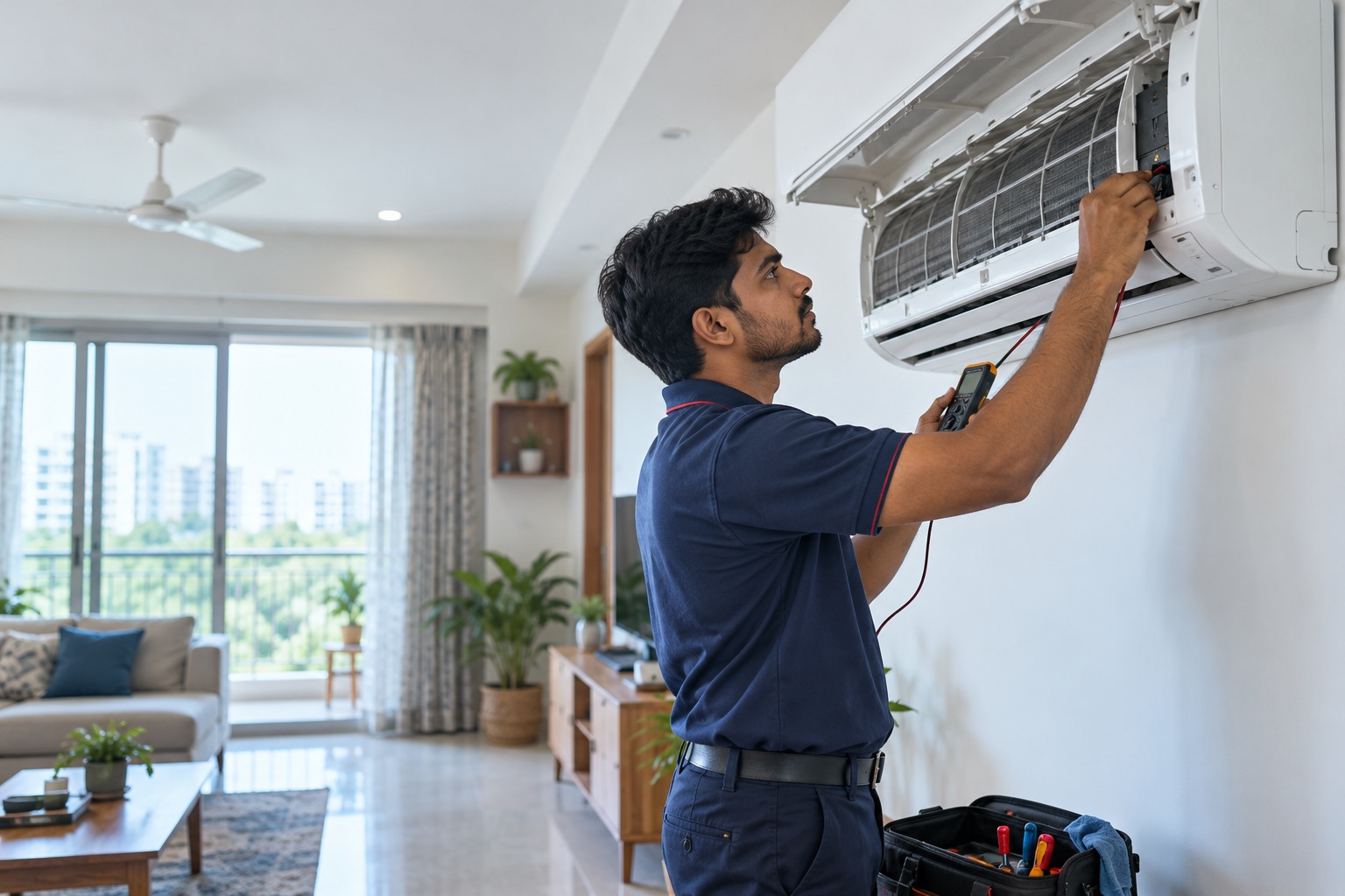 Technician inspecting an open split air conditioner in an Ahmedabad home